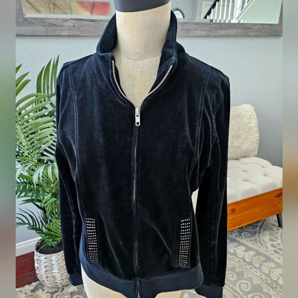 ROMEO & JULIET COUTURE- Black crushed Velour Coat Jacket  Rhinestone SZ M/L